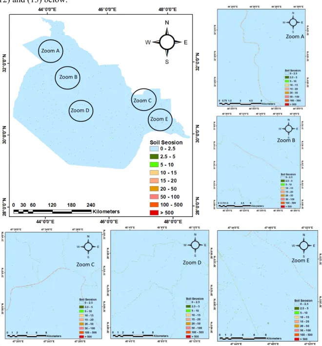 Figure 12.  Average annual soil loss rate map of the Euphrates basin (ton/ha/year) 2017