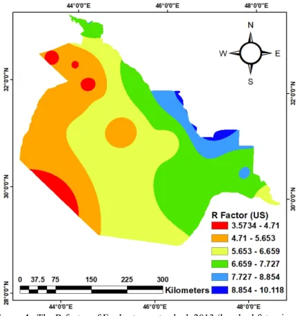 Figure 4.  The R factor of Euphrates watershed, 2013 (hundred ft.ton.in.acre -1 .h -1 .year -1 ) 