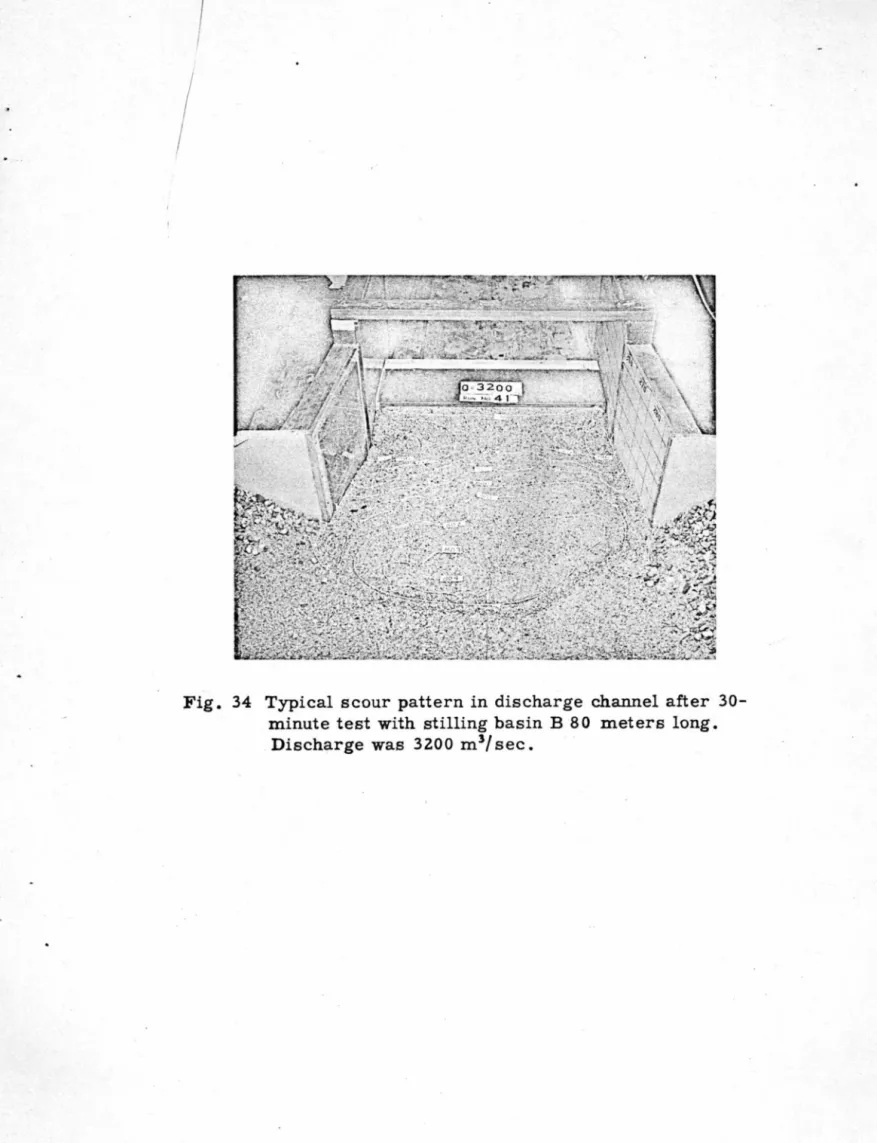 Fig.  34  Typical scour pattern in discharge  channel after  30- 30-minute test with  stilling basin B  80  meters long