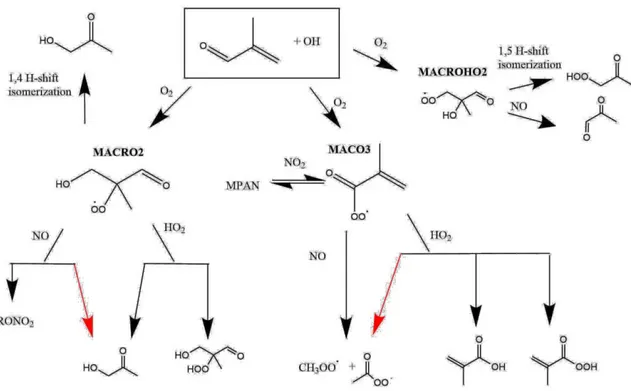 Figure 4.5. OH oxidation mechanism for MACR. For simplicity, some oxidation products such  as OH or CO are not shown
