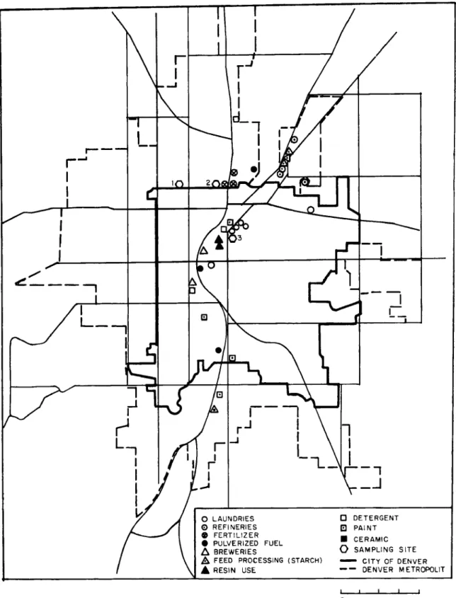 FIG.  1.  Map  of the  Denver metropolitan  area.  Approximate  locations of  industries  are  given
