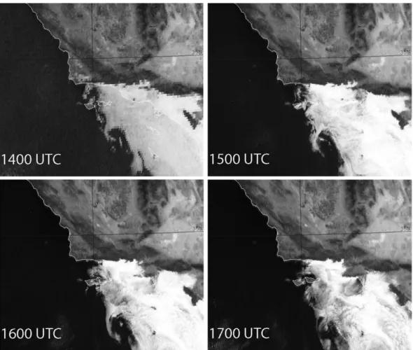 Figure 3 illustrates the Geostationary Operational En- En-vironmental Satellite-West (GOES-West) visible images of the California Bight on 9 June 2012 during the period of the UWKA mission
