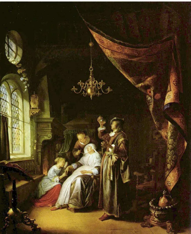 Figure 1.1: La Femme Hydropique, painting by Gerard Dou, 1663. A doctor visually analyzes a urine sample of a“dropsy” patient