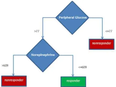 Figure 2.3: C4.5 Decision Tree classifier of drug response with 2 nodes. Peripheral glucose refers to circulating blood glucose; norepinephrine is measurement of the hormone norepinephrine in the blood.