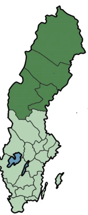 Figur 1. Studiens utvalda geografiska område . (Det mörkgröna området på Sverigekartan representerar studiens utvalda geografiska område