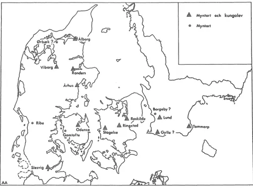 Fig  9.  Karta over  1600-talets myntorter, med  sirskild markering av de myntorter,  som omkr  1230  karakteriseras som   tungal lev.^^ 