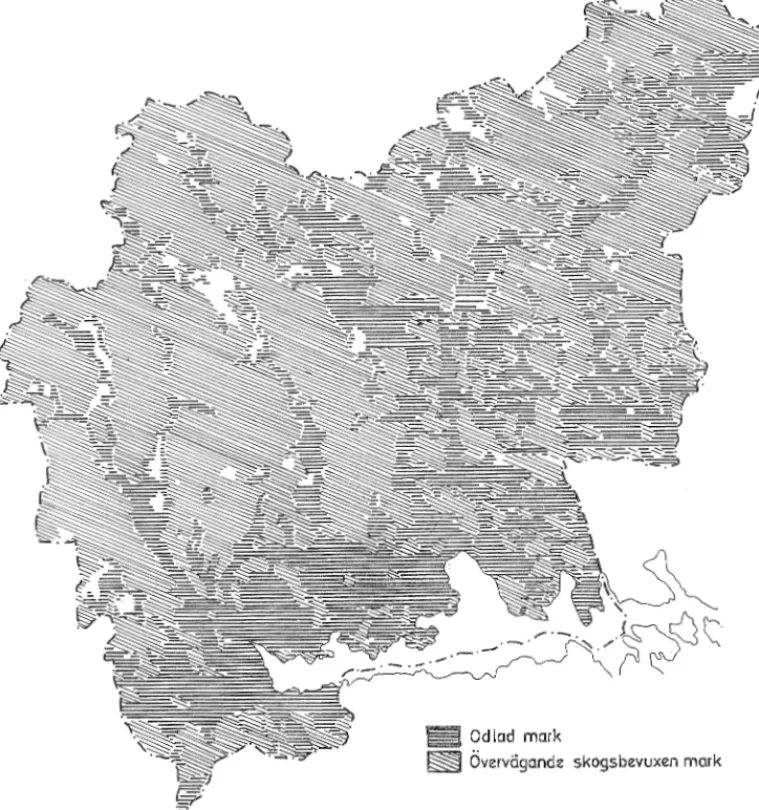Figur  1.  Odlingsmark, slcog  oclz  sjöar  i  Vastmanlands län.  (1900-takets nzitt.)  Källa:  Svensk uppslagsbok,  Västmanland