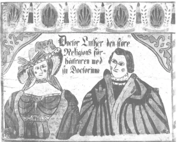 Fig.  8.  Dubbelporträtt av  dr Luther och hans maka.  Utsnitt ur bonads målning utförd av Per Olsson Udd,  Blekinge