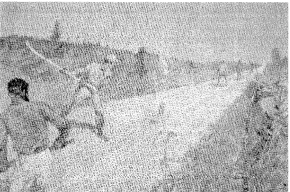 Fig.  2.  Det motande laget berett a'.t med sina slagträn försöka stoppa trillan.  Teckning av  Bruno  Liljefors i  Viktor Balcks  &#34;Illustrerad idrottsbok&#34;, del  I,  1886