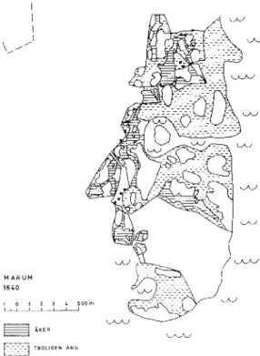 Fig.  l.  Karta  över  byn  Marum  på  Björkö-Arholma  år  1640  med  den  &#34;mar&#34;  (lagun  eller  vik)  som   ur-sprungligen  utgjorde  byns  hamnplats