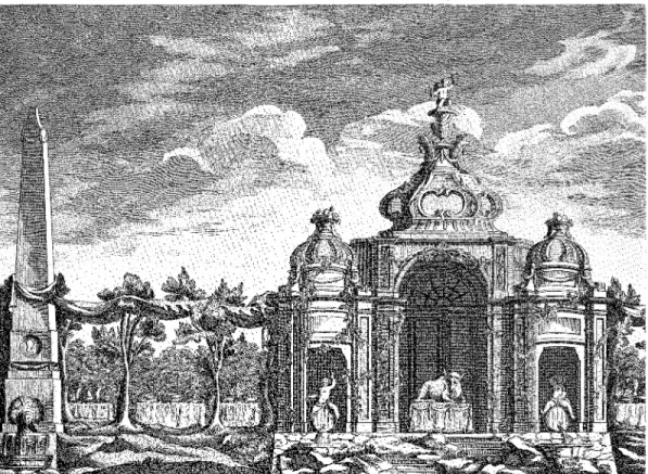 Fig. 5.  Dekorationsuppbyggnad for folkutspisning vid Slottet i Stockholm under GustafIII:s och hans gemåls kröning  1772
