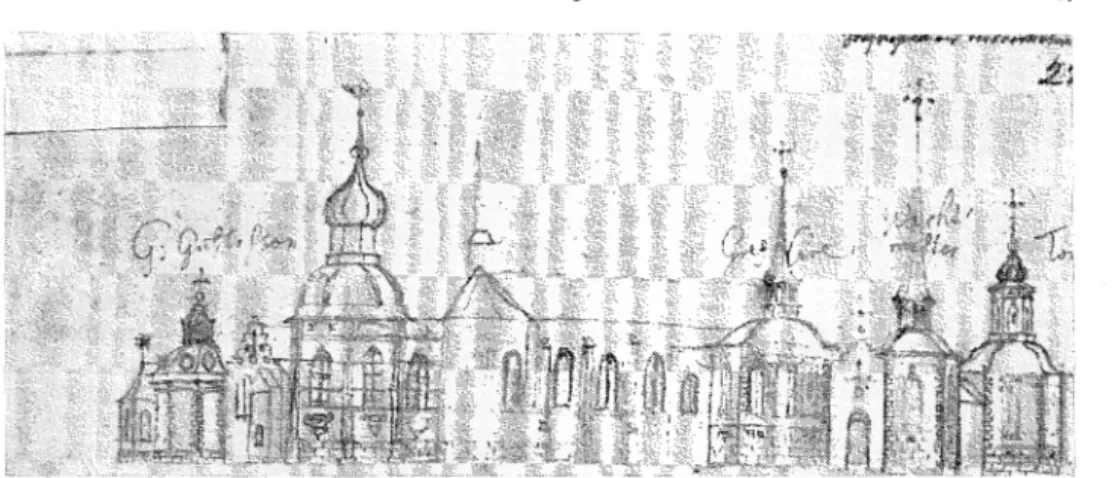 Fig.  I.  Riddarholmskyrkan  med  gravkoren.  Teckning  för  Sueciaverket  av  Erik  Dahlberg,  I66o-talet