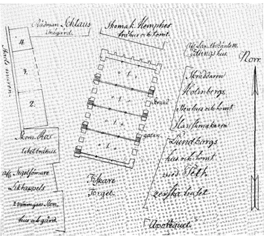 Fig.  I.  Plan  av  Vinhusets  källare,  uppmätt  av  JvlagnliS  Lallerius  år  I769.  De  utritade  trapporna  föra  till  bottenvåningen,  där  köp1nännen  hade  sina  bodar