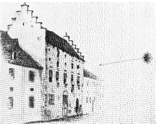 Fig.  5.  Ränteriets  fasad  åt  Strandgatan. I mitten synes den  tunnvälvda portgången  och i  tredje  våningen  ett  stjärnfönster
