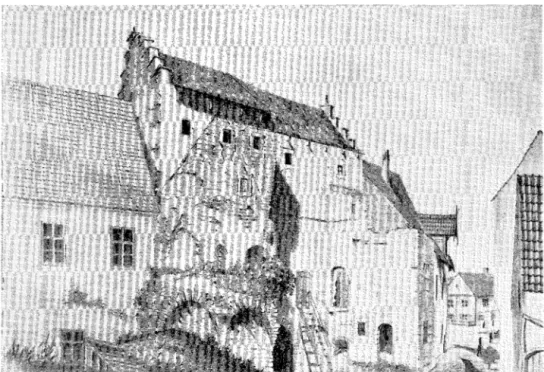Fig.  6.  Ränteriet  från  Kilgränd.  T. v.  synes  rester  av  den  södra  tttbyggnaden,  och  bakom  det  trasiga  kryssvalvet  skymtar  portgången