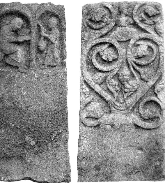 Fig.  2  och  3.  Sidorna  på  den  ena  gavels tenen  i  ett  gram1'tommtent  på  Hällstads  kyrkogård  i  Västergötland