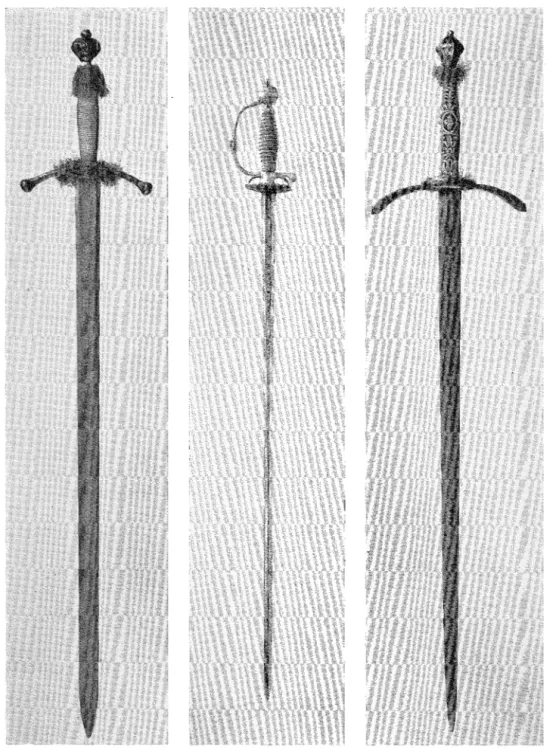 Fig.  I  och  3.  De  båda  rikssvärd  (från  G1Htaf  Vasas  tid),  med  vilka  kommgarna  i  iildre  tider  titdelade  riddareslag