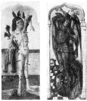 Fig.  J  och  2.  J.  S:t Sebastian.  Krönet  av  altarskåpet  i  Aarhus.  Av  oldgesällen  J482