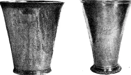 Fig.  6  od 7.  Siloerbägare  resp.  med  platt  fot,  tilloerkad  1705  ao  J.  LuJtd  i  Stockholm, &#34;och  med  räfflad  fot,  tilloerkad  1733  ao  J