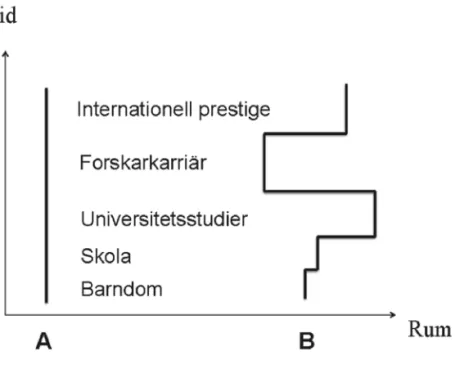 Figur 4. Levnadsbanor för en bofast (A) och en rörlig (B) person.