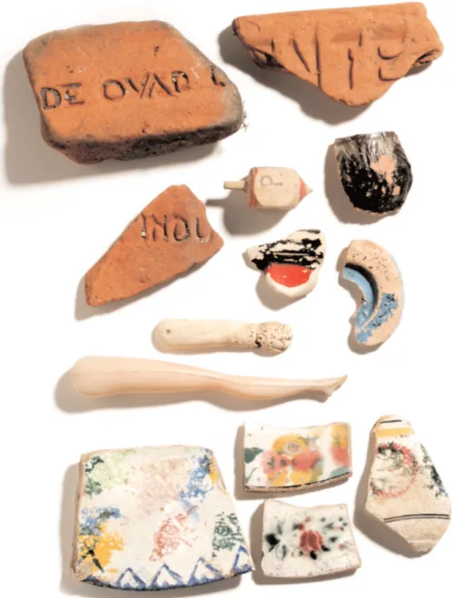 Fig. 7. Upper part: three fragments of roof tiles found in the river bed with inscriptions