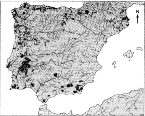 Fig.  2.  Spridningen av megalirgravar (prickar) och menhirer (trianglar) på Iberiska  halvön