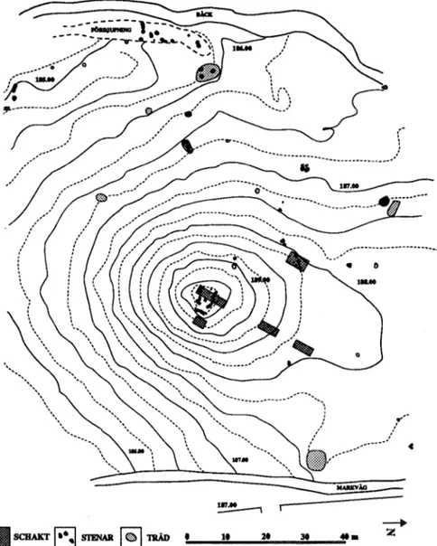 Fig.  6.  De topografiska förhållandena runt Vale de  Rodrigo, Monument 2 samt  fördelningen av  undersökningsytorna