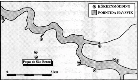 Fig  2.  Läget  för  kökkenmöddingen  vid  P0&lt;;as  de  Sao  Bento  i  relation  till  de  andra  kökkenmöddingarna  utmed  den  forna  havsviken