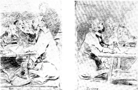 Fig.  6  &amp;  7.  Francis,co  Goya,  »Dilettanten»,  kritteckningar  på  fram- och  baksidan  av  samma  blad,  trol