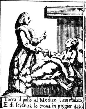 Fig.  14.  Doktor  tar  pulsen  på  patient,  italienskt   trä-snitt,  detalj  ur Il  mondo  alla  rovescia  I  Milano  1780
