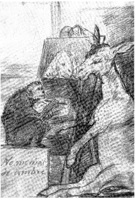 Fig.  18.  Francisco  Goya,  Apa  porträtterar  åsna,  kritteckning,  förstudie  till  capricho  41,  tro!