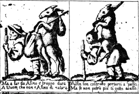 Fig.  20.  Män bär på  åsnans  last  och  åsnan själv,  italienska  träsnitt,  detalj  ur Il  mondo  alla  rovescia,  Milano  1780