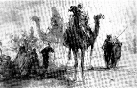 Fig.  5.  Egron  Lundgren,  Kamelkåren  rastar  på  marschen  genom  Oudh.  Akvarell  1858