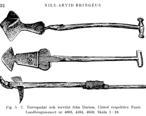 Fig.  5~-7.  Torvspadar  och  torvrist  från  Damm,  Ulsted  respektive  Fanö. 