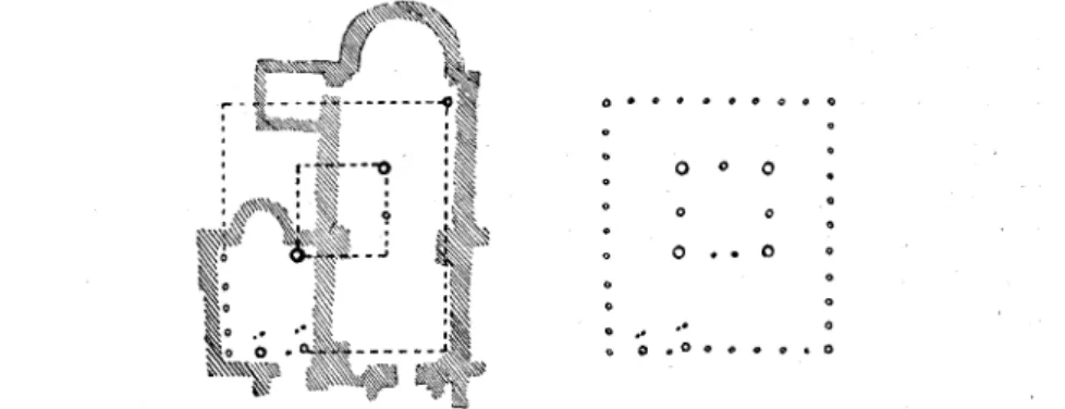 Abb.  1.  Die  gefundenen  Pfostenlöcher  unter  der  friiheren  Domkirche  zu  Alt- Alt-Uppsala  (nach  Lindqvist  192(\)  und  eine  Rekonstruktion  der  beiden 