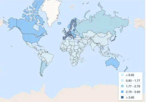Figur 1. Andel av världens befolkningen som är över 80 år. https://data.worldbank.org/indica- https://data.worldbank.org/indica-tor/SP.POP.80UP.MA.5Y?view=map