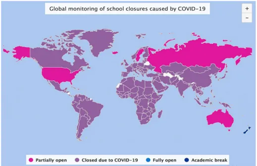 Figur 3. Länder med stängda skolor 2 april 2020.  Källa: https://en.unesco.org/covid19/educa- https://en.unesco.org/covid19/educa-tionresponse