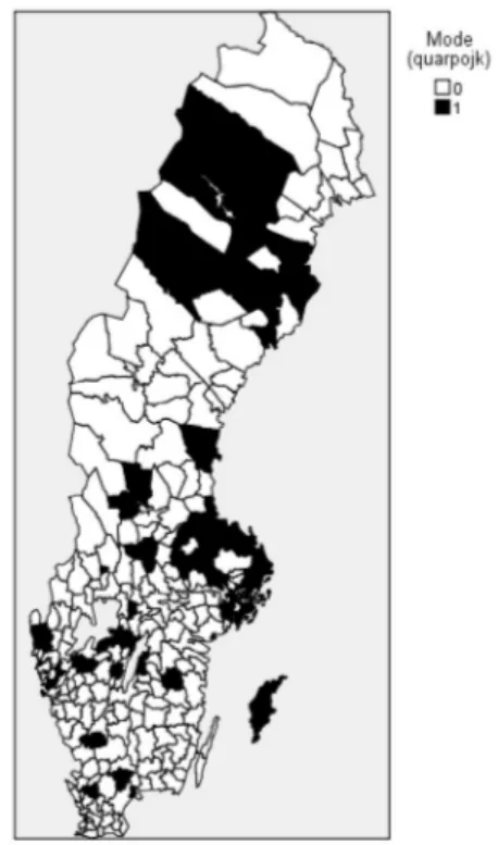 Figur  1b.  Förskrivning  av  metylfenidat  i  svenska  kommuner,  flickor  10-17  år  (minst  ett uttag av läkemedel under året), 2014  (svart=övre kvartilen, vit =de tre lägsta  kvar-tilerna, grå=bortfall).