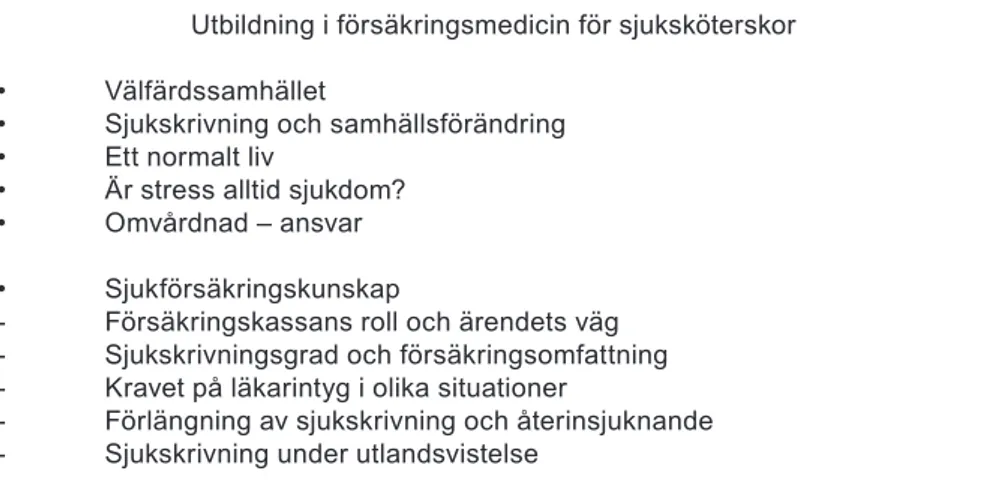 Figur 1: Kortfattad beskrivning av innehåll i utbildning i försäkringsmedicin för sjuksköterskor