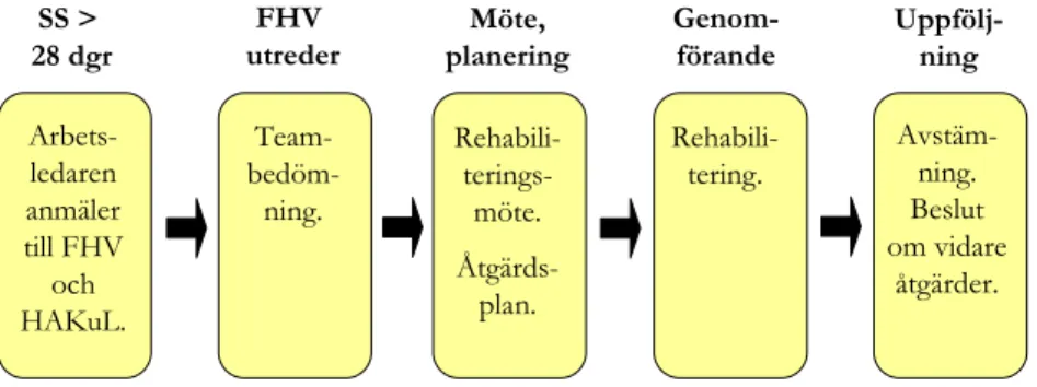 Figur  1.  Rehabiliteringsmodell  i  projektet  Hållbar  Arbetshälsa  i  Kommuner  och  Landsting  (HAKuL-projektet).