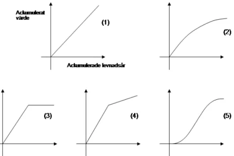 Figur 1. Grafiska representationer av positionerna (1)-(5). Notera att måttet på x-axeln är livs- livs-längd (ackumulerade levnadsår) och att måttet på y-axeln är ackumulerat värde