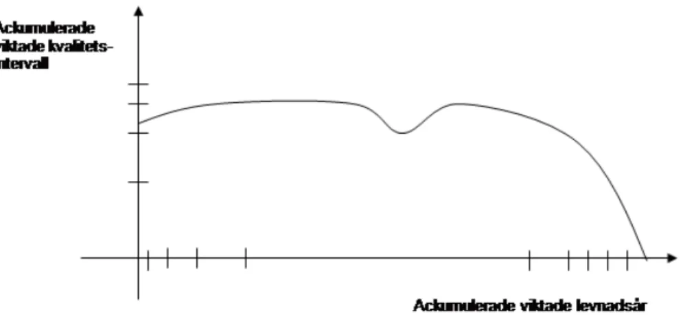 Figur 3. Ett exempel på hur ett liv kan representeras grafiskt om vi söker ett mått på viktade  QALY eller HALE