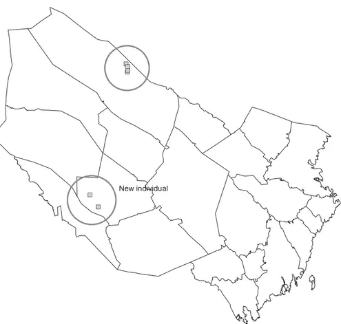Figure 1. Sample locations of brown bear genotype F36. The two southern samples were  categorized as a new individual based on the large distance between the positions and the  fact that the bear was a female, which move much less than males