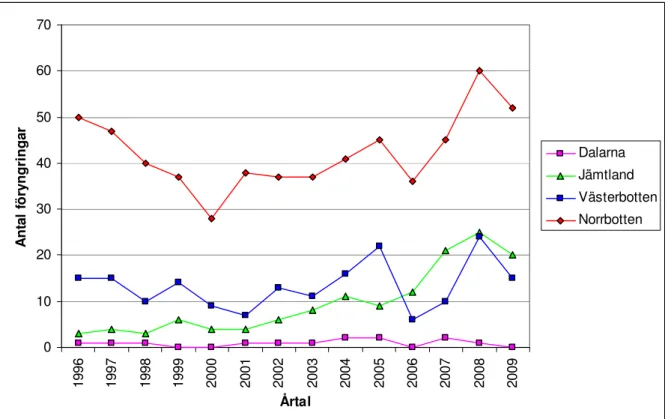 Figur 2. Antal järvföryngringar, både säkra och sannolika, i Dalarnas, Jämtlands, Västerbottens och Norrbottens  län mellan åren 1996 och 2009