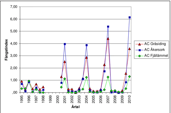 Figur 6. Tillgången på gråsiding, åkersork och fjällämmel i Västerbottens län under åren 1995-2010