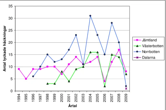 Figur 8. Antal lyckade häckningar för jaktfalk i Jämtlands, Västerbottens och Norrbottens, och Dalarnas län  mellan åren 1994 och 2009