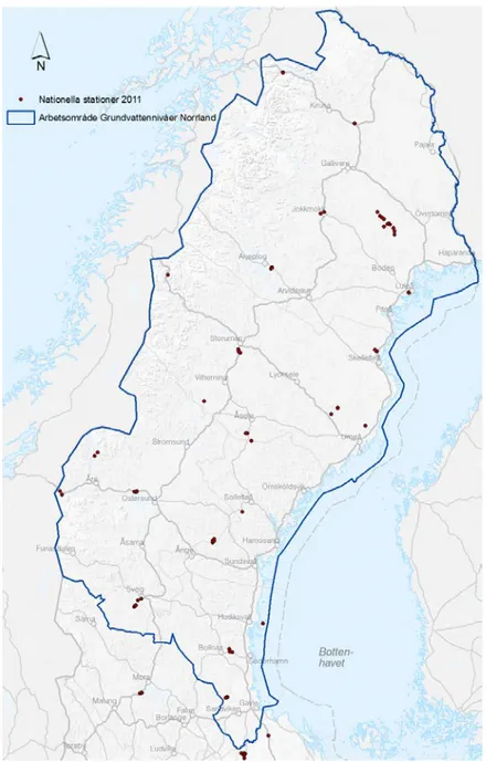 Figur 2. Karta över de nationella nivåstationerna inom SGUs grundvattennät som var aktiva 2011