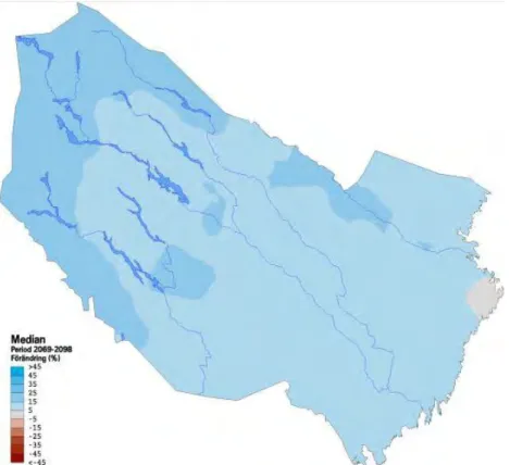 Figur 14. Förändring av lokal årsmedeltillrinning i Västerbottens län för perioden 2069-2098 jämfört med referensperioden 1963-1992