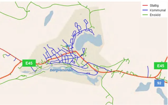 Figur 17. Omfattning av det kommunala vägnätet i Dorotea samt större statliga vägar som löper genom orten (Trafikverket 2013)