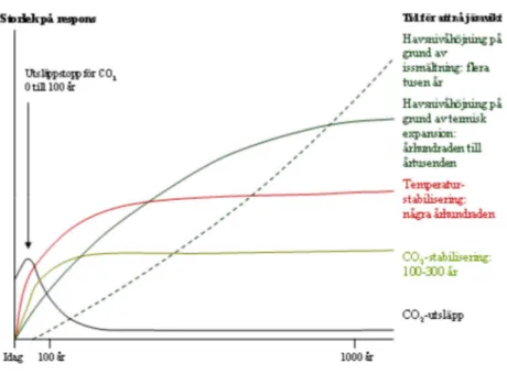 Figur 10: Förväntad utveckling av klimatförändringarna vid en stabilisering av utsläppen av växthusgaser i mitten av det här århundradet